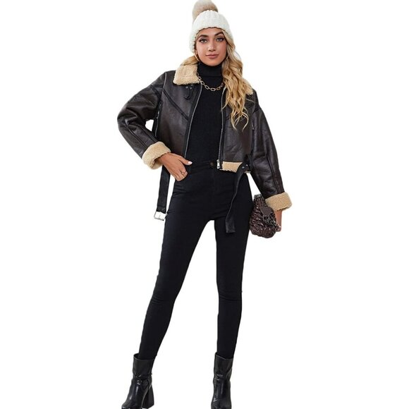 Womens Faux Fur Leather Jacket Short Bomber Coat Zipper Lapel LY VAREY LIN - Picture 6 of 7